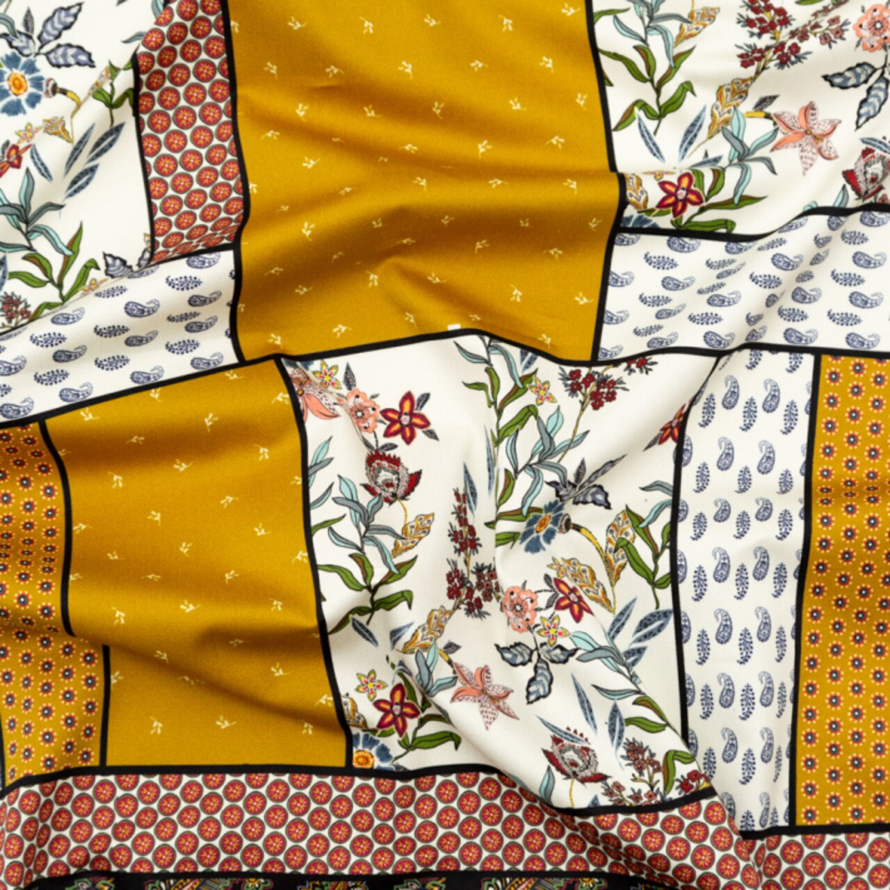 1 Yard Stretch Cotton Sateen Yellow & Red Floral Patchwork Fabric Panel 55 inch Wide